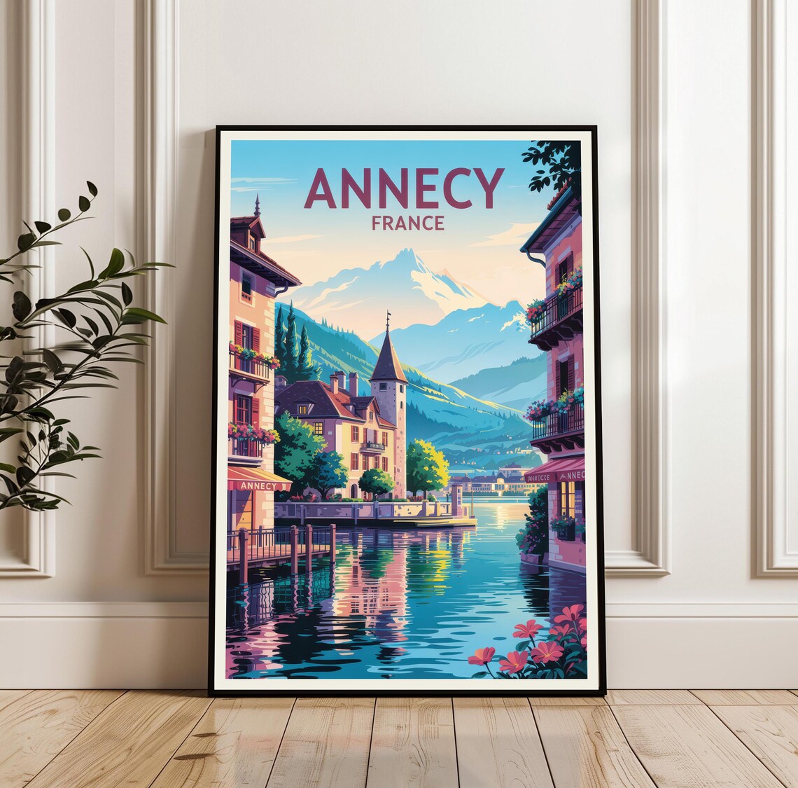 Annecy France Vintage Canal Waterfront Reflection Alps Travel Poster