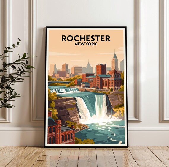 Rochester New York High Falls Cityscape Vintage Travel Poster