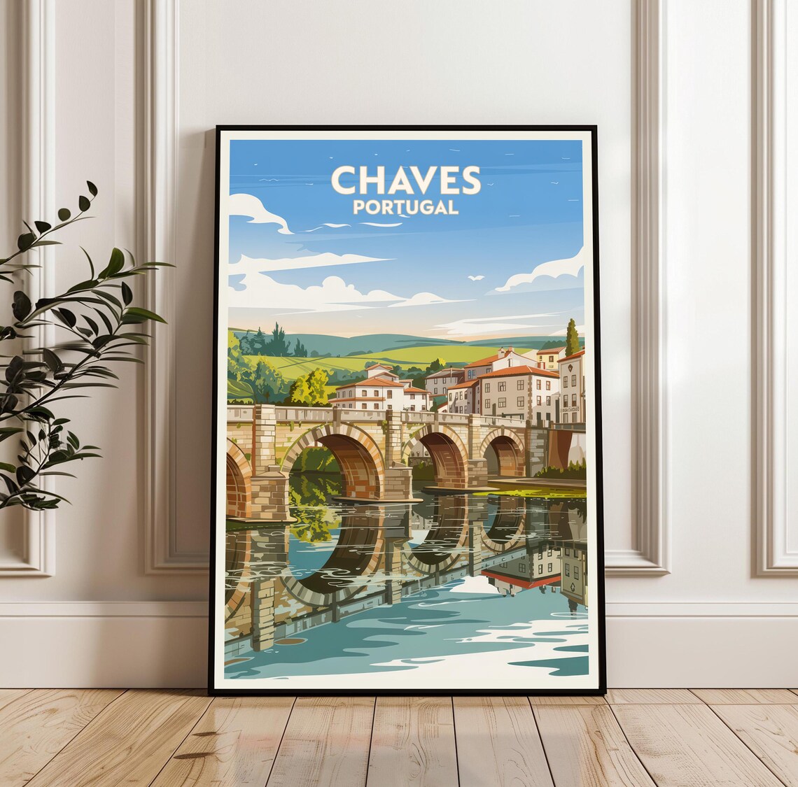 Chaves Portugal Roman Bridge River Old Town Vintage Travel Poster