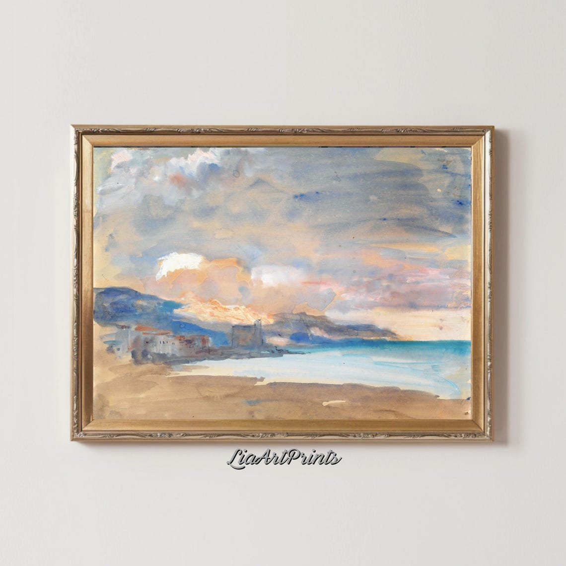 Tranquil Coastal Sunset Watercolor Seaside Village and Mountain Poster - Image 2