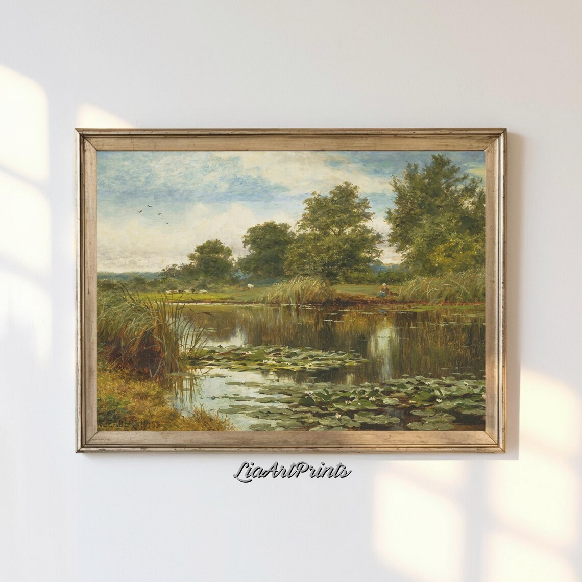 Tranquil Lily Pond Scene, Serene Countryside Art Print