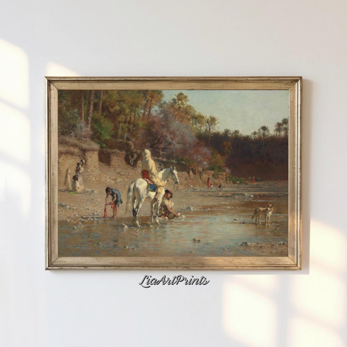 Orientalist Riders Watering Horses at a Desert River Scene Poster