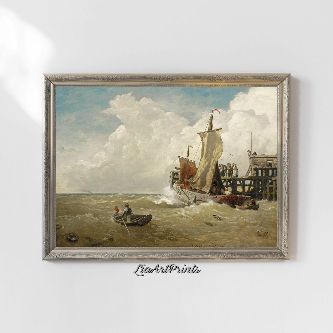 Sailing Boat Battling Stormy Waves Near a Wooden Pier Vintage Nautical Print - Image 5