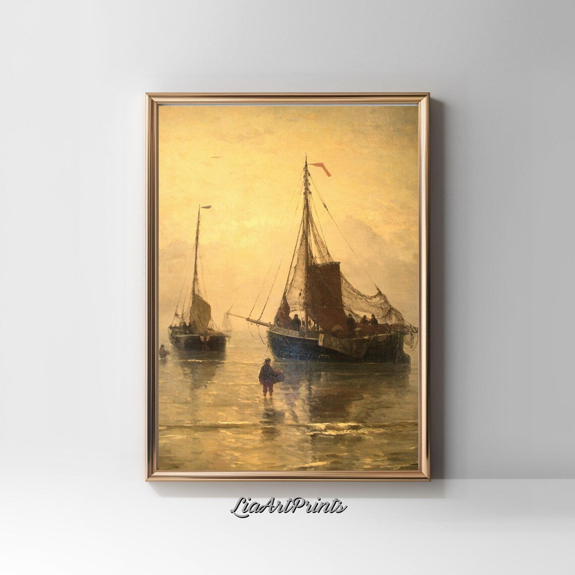 Golden Hour Fishing Boats At Anchor Misty Maritime Dutch Seascape Poster - Image 4