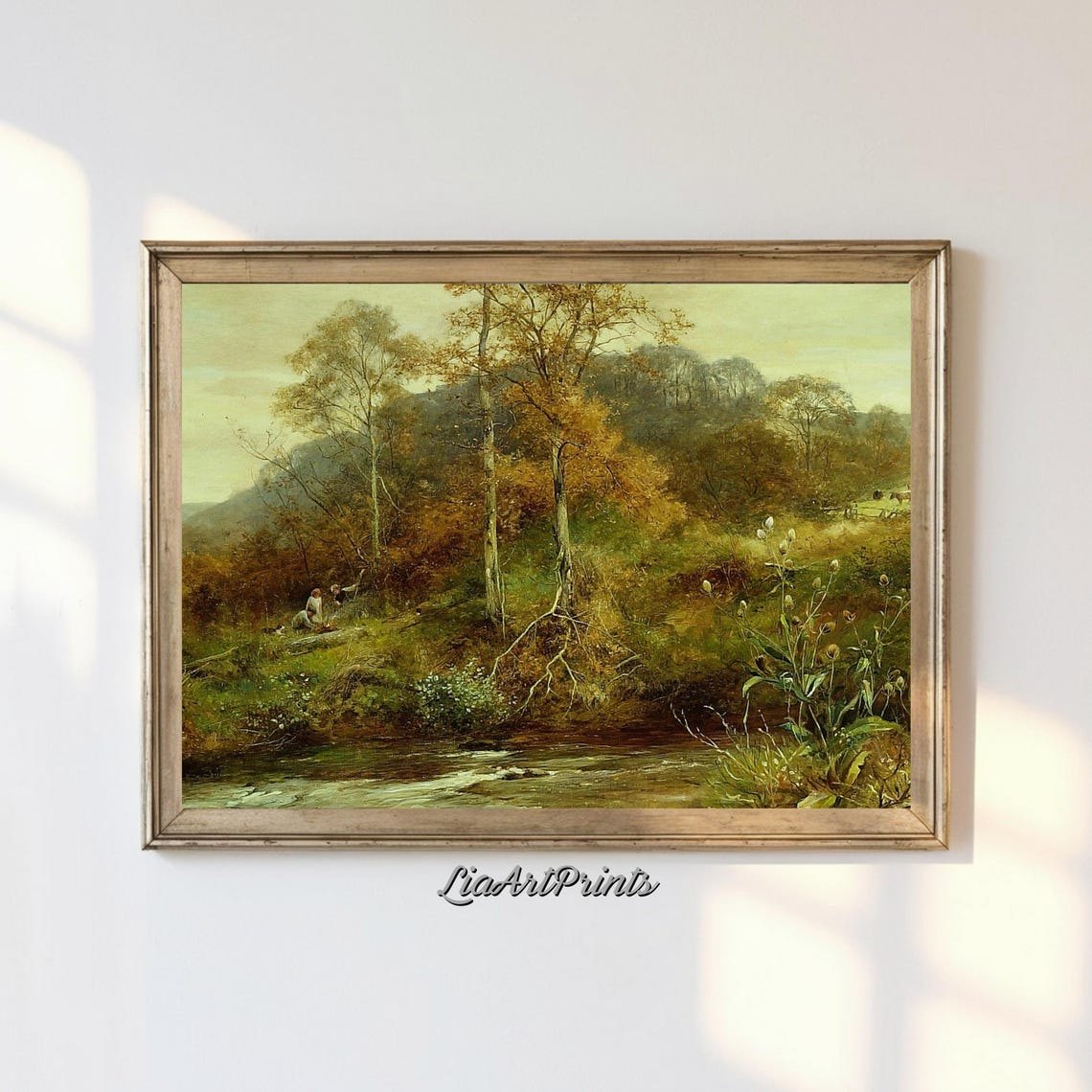 Autumn Birch Forest Stream Golden Woodland Antique Landscape Poster