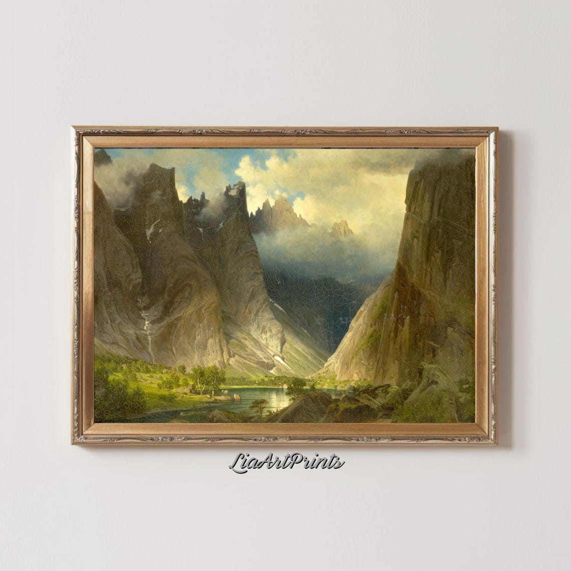 Towering Jagged Alpine Peaks with Waterfall and Misty Lake Poster - Image 2