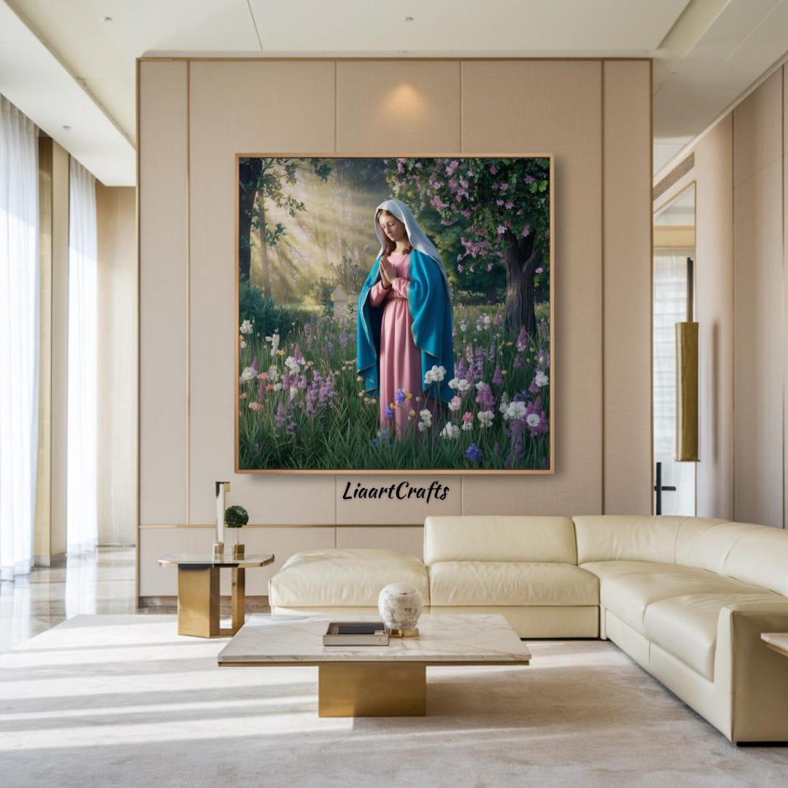 Virgin Mary Praying in a Blooming Flower Garden Devotional Wall Art - Image 2