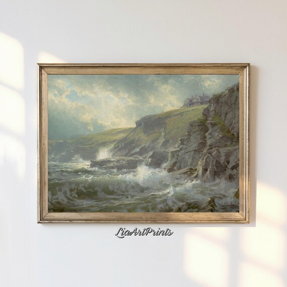 Coastal Cliffs Crashing Waves House On Clifftop Dramatic Seaside Poster
