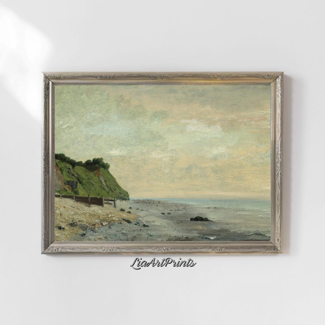 Misty Beach Grassy Cliffs Foggy Shore Antique Seascape Painting Poster - Image 4