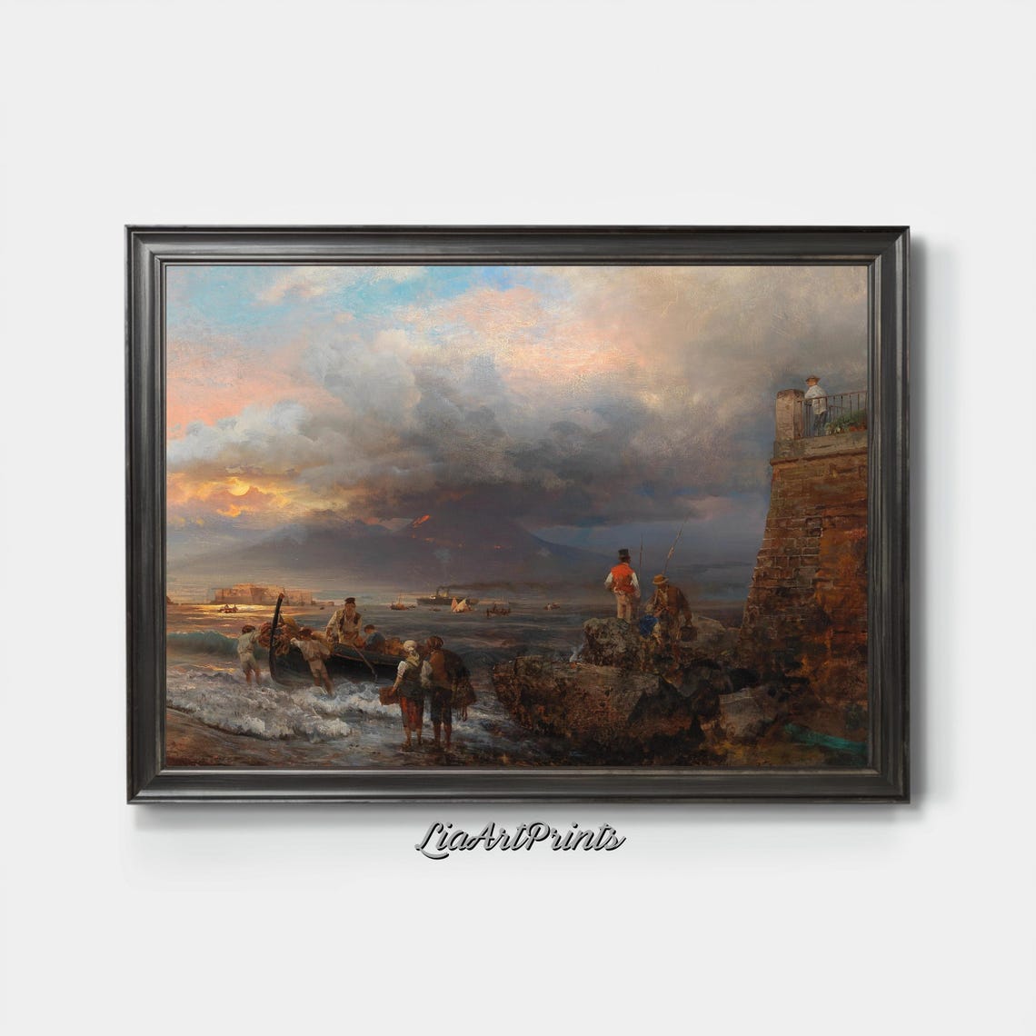 Sunset By The Bay With Mount Vesuvius Maritime Scene With Fishermen - Image 4