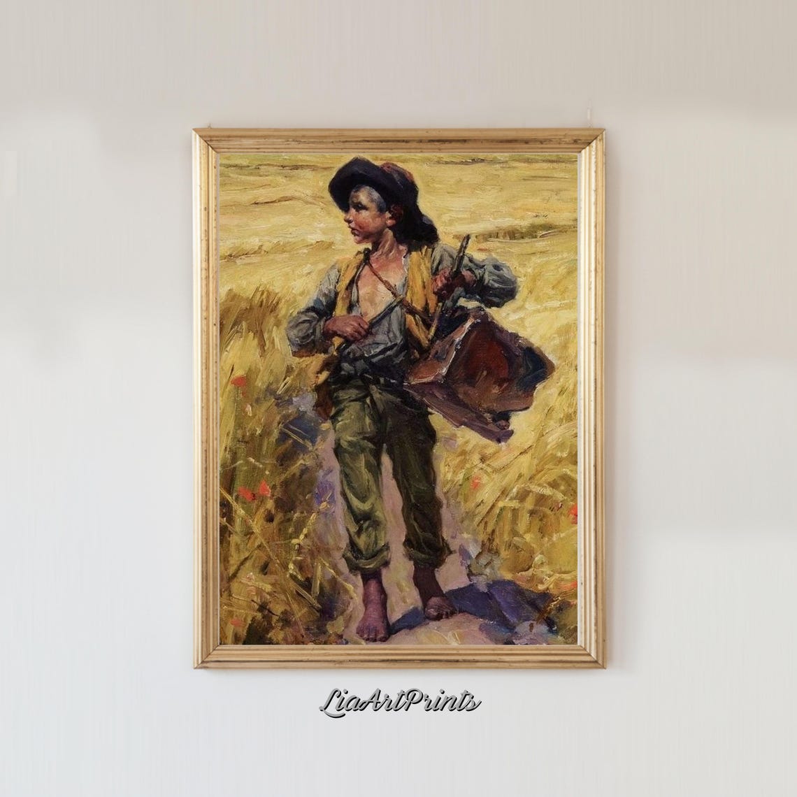 Rustic Farm Boy Carrying a Basket Through a Wheat Field Vintage Print - Image 3