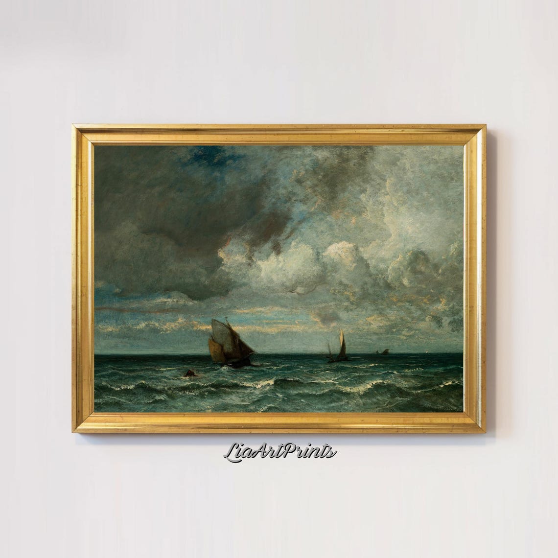 Stormy Seascape Sailboats Dramatic Clouds Antique Marine Art Poster - Image 2