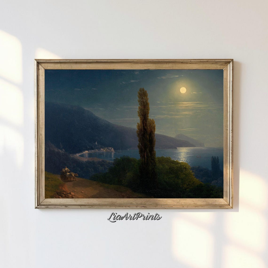 Moonlit Coastal Bay with Cypress Trees and a Night Cart Vintage Print