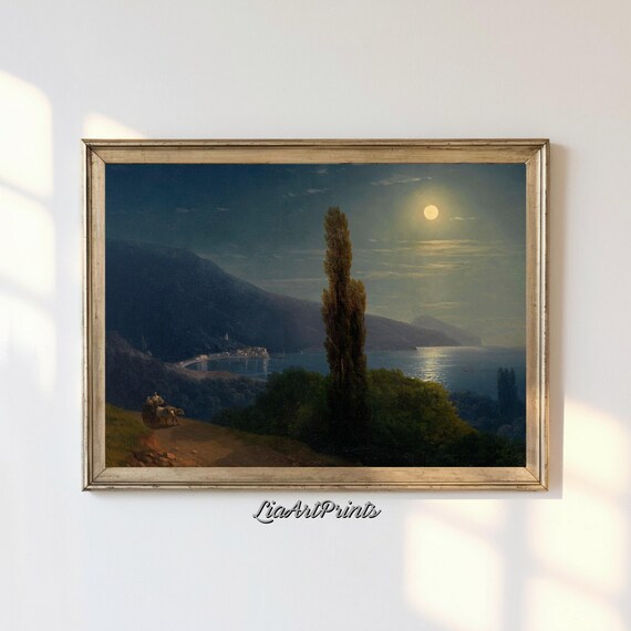 Moonlit Coastal Bay with Cypress Trees and a Night Cart Vintage Print