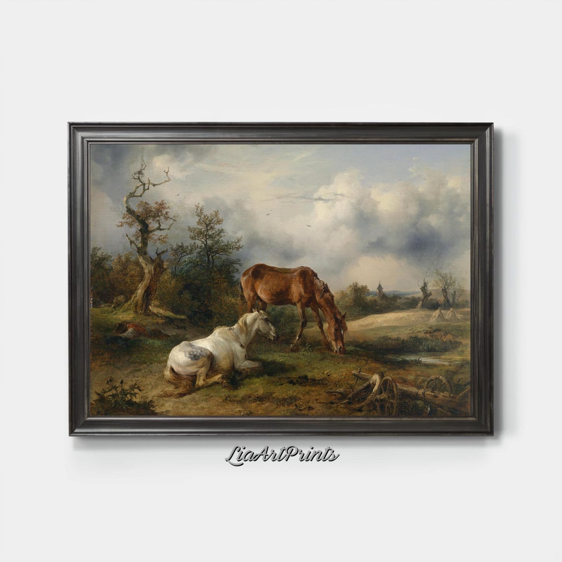 Two Horses Resting in a Pastoral Meadow Vintage Equestrian Poster - Image 3