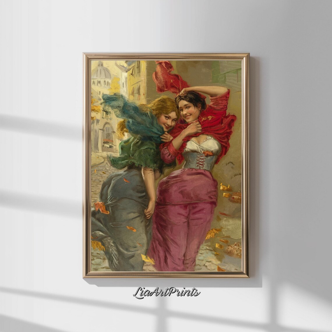 Two Women on a Windy Paris Street Autumn Day Vintage Painting Poster