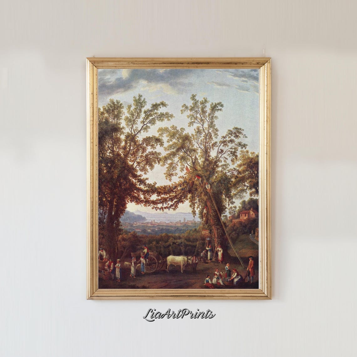 Italian Grape Harvest Scene with Oxen Cart and Villagers Poster - Image 3