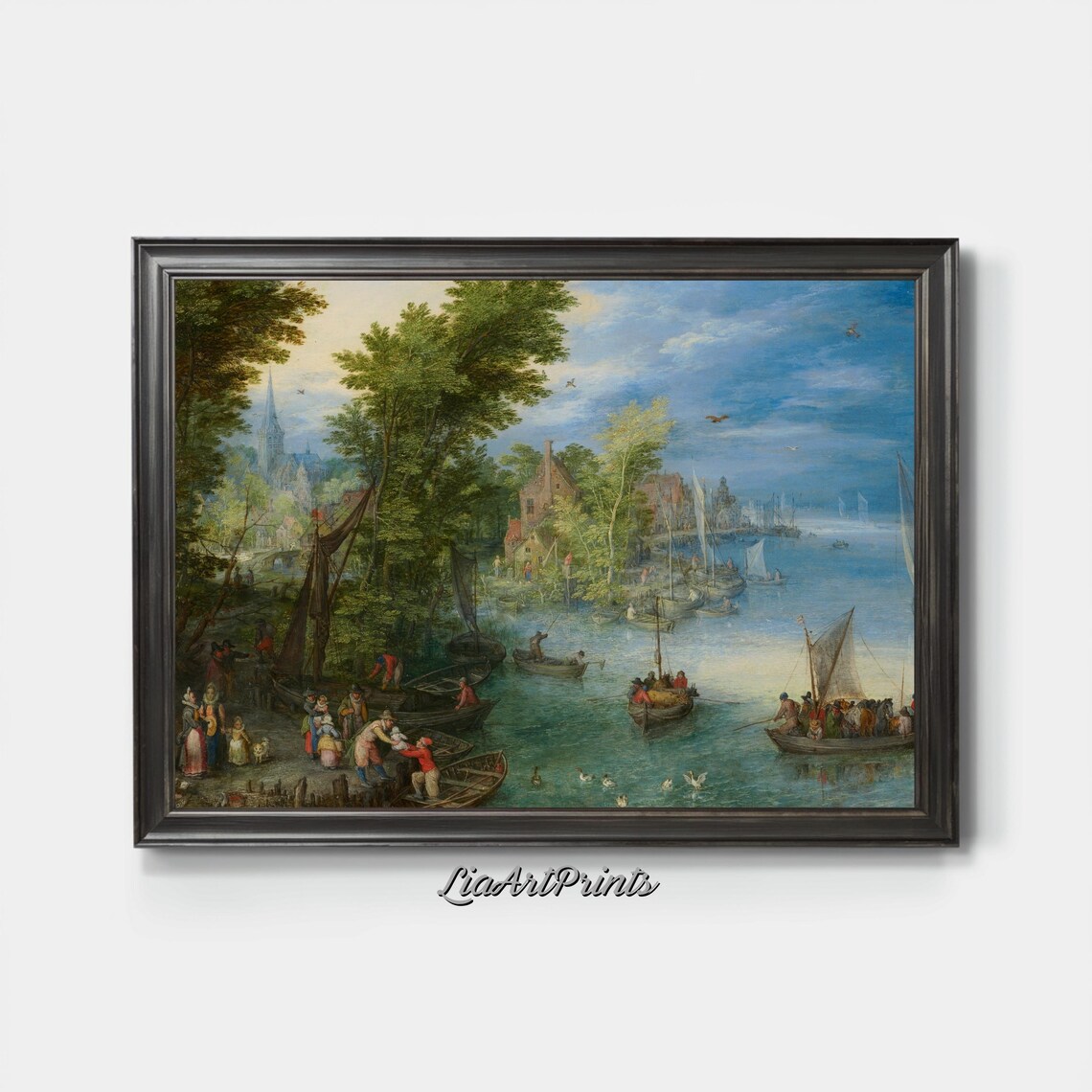 Busy Old Port Harbor with Fishing Boats and Villagers Poster - Image 3