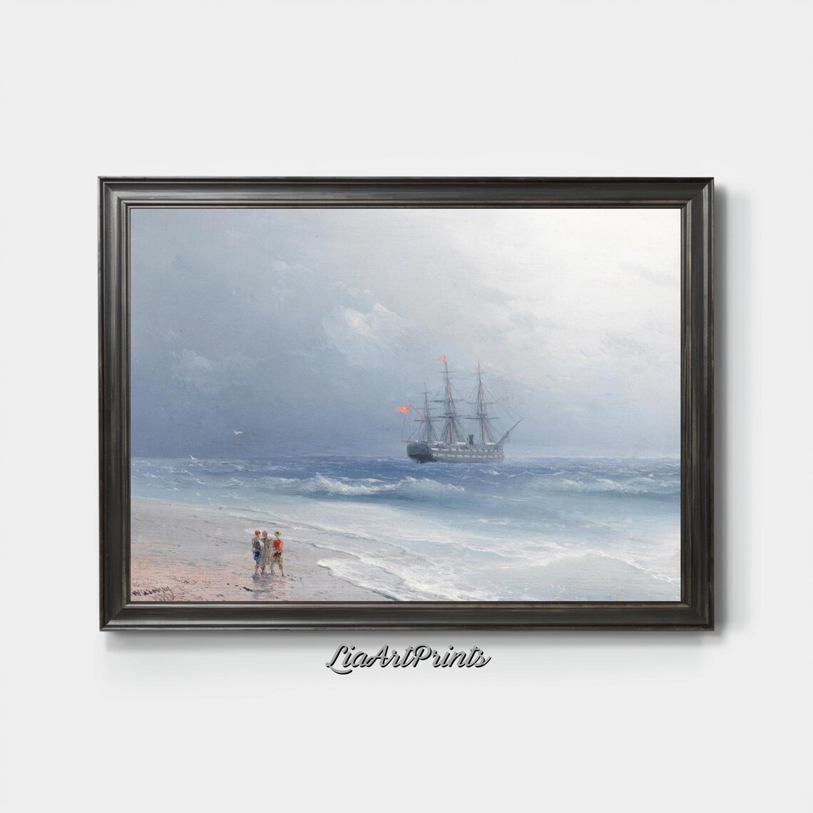 Serene Seascape with a Tall Ship and Figures on the Beach Vintage Print - Image 4