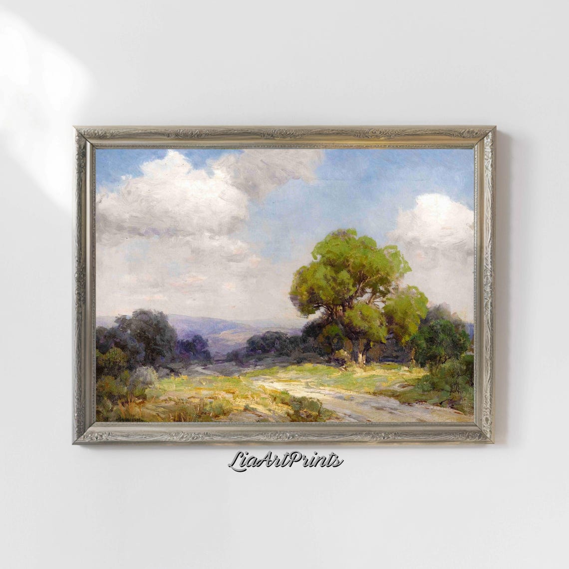 Sunlit Country Path Large Tree Tranquil Pastoral Scene Poster - Image 5