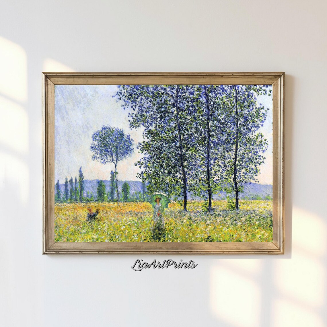 Woman with Green Parasol Among Poplars in a Sunlit Golden Meadow Poster