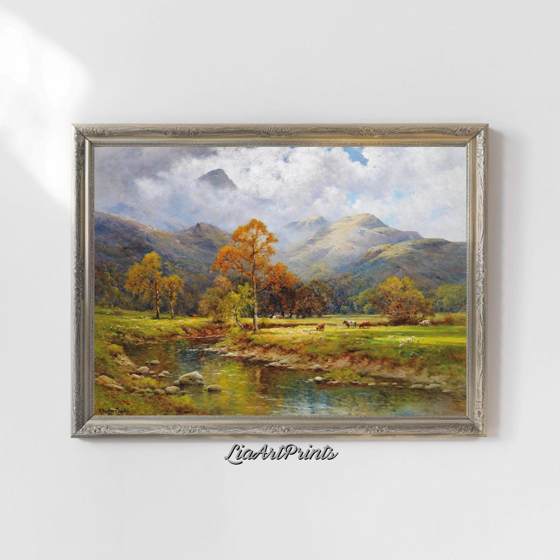 Autumn Mountain Stream Landscape with Golden Trees and Cattle Poster - Image 4