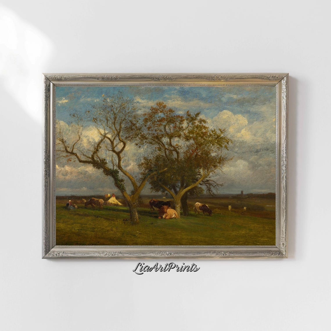 Pastoral Cows Resting Under Trees in a Wide Green Meadow Vintage Print - Image 5