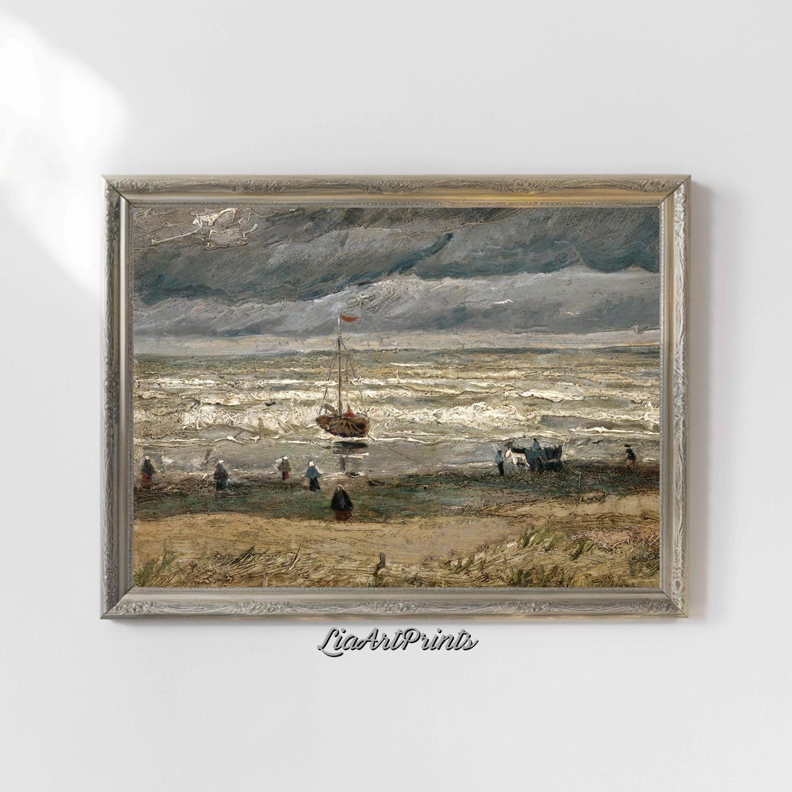 Stormy Beach Fishing Boat Dark Sky Dramatic Coastal Scene Art Print - Image 4