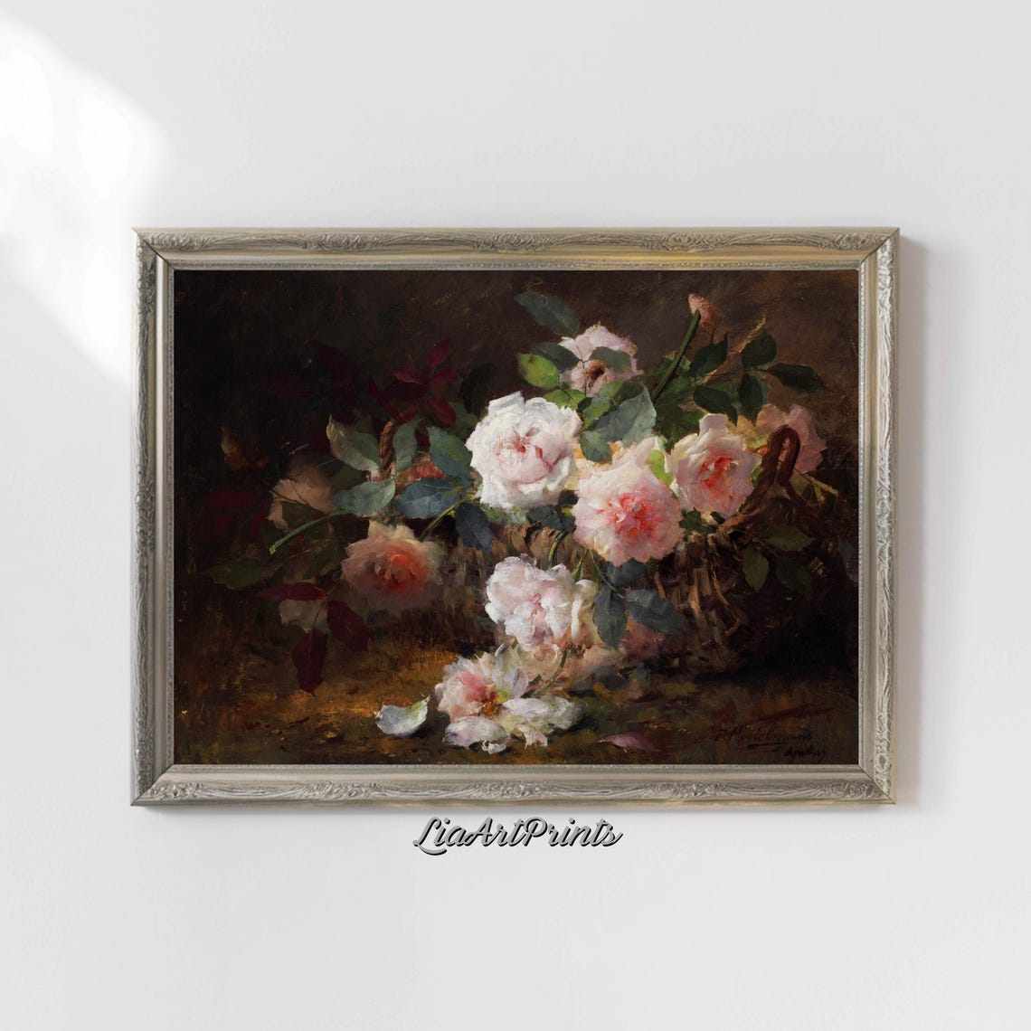 Vintage Pink Roses Wicker Basket Moody Floral Still Life Poster - Image 5