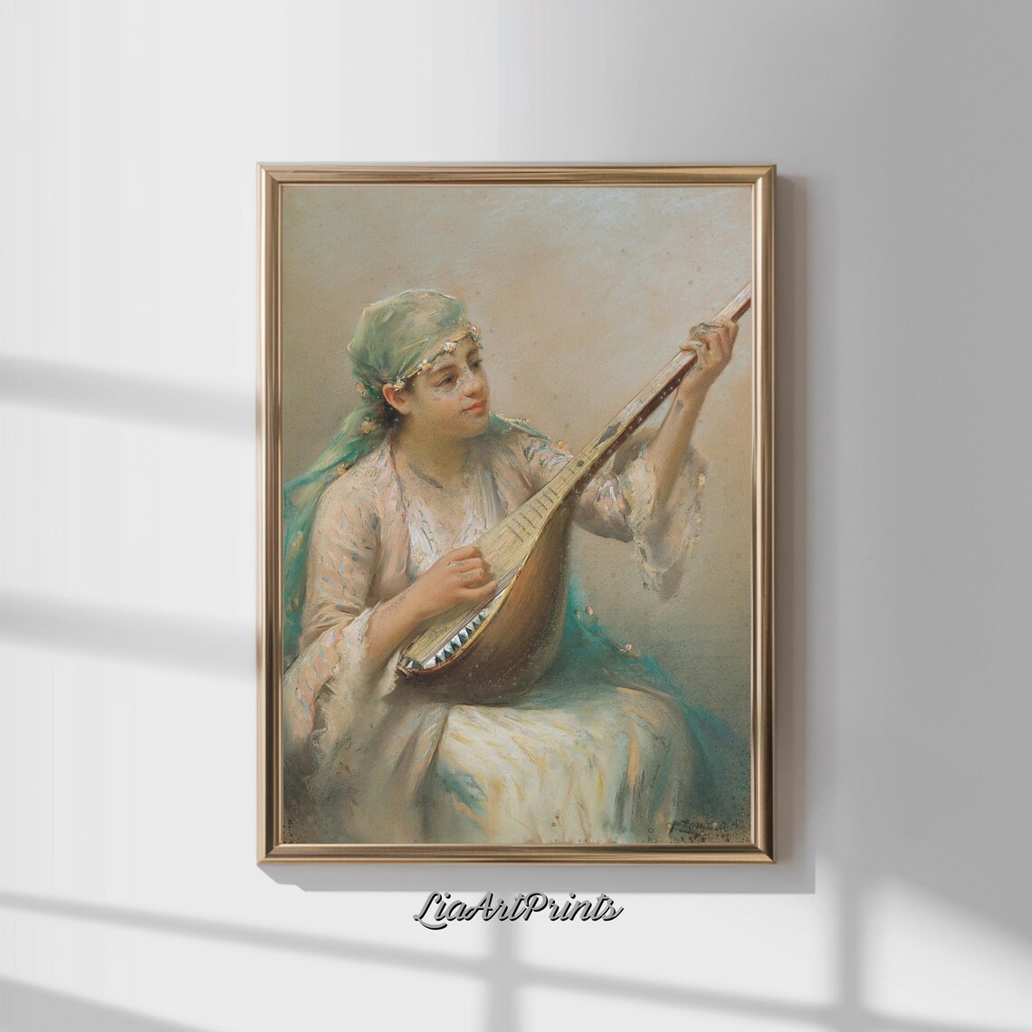 Vintage Pastel Portrait Woman Playing Mandolin Romantic Music Poster