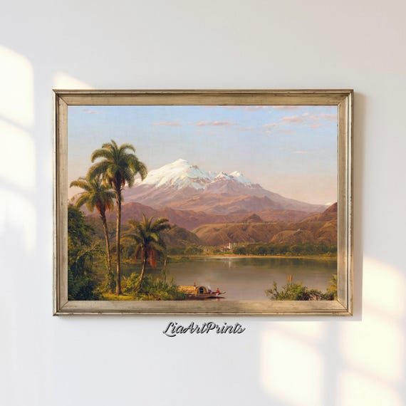 Tropical Landscape Wall Art Snow Capped Mountain Artwork For Nature Inspired Decor Framed Scenic Art
