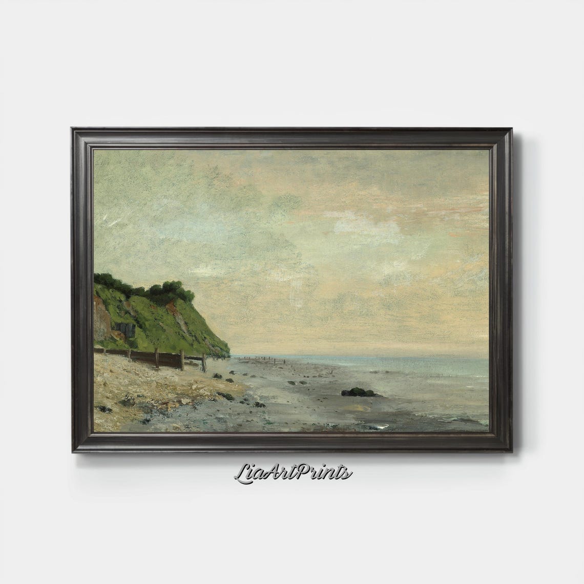 Misty Beach Grassy Cliffs Foggy Shore Antique Seascape Painting Poster - Image 3