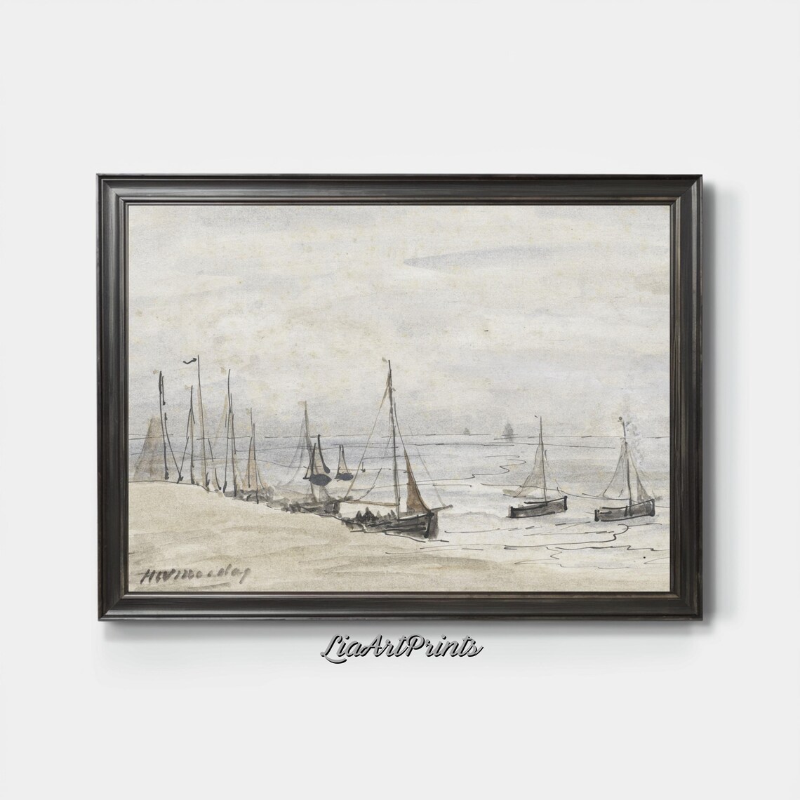 Minimalist Sailboat Sketch Ink Drawing Shore Boats Vintage Art Poster - Image 3
