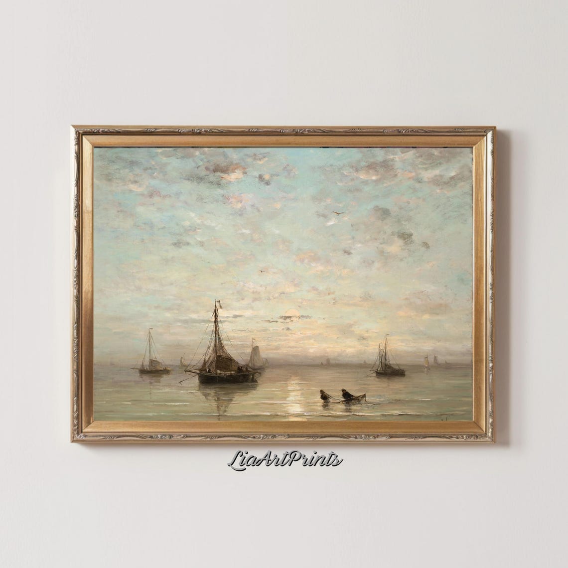 Serene Boats Calm Sea Sunrise Vintage Impressionist Marine Art Poster - Image 2