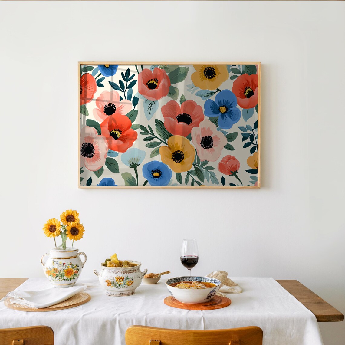 Midcentury Modern Floral Poppy Pattern Colorful Gouache Art Poster