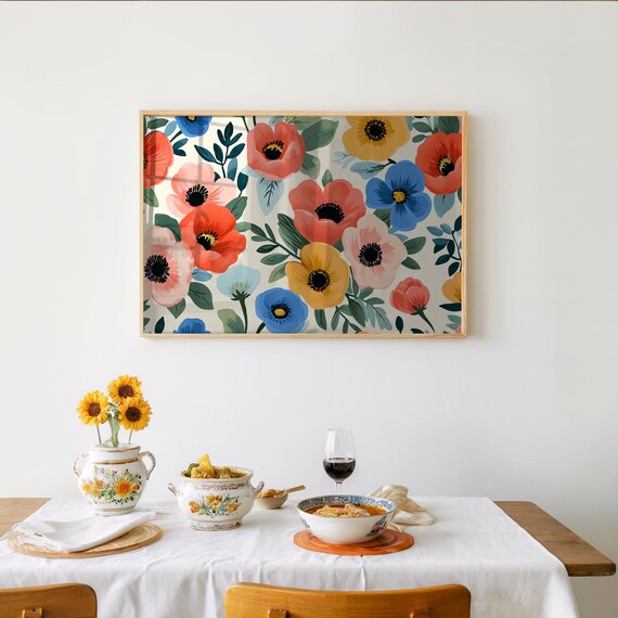 Midcentury Modern Floral Poppy Pattern Colorful Gouache Art Poster
