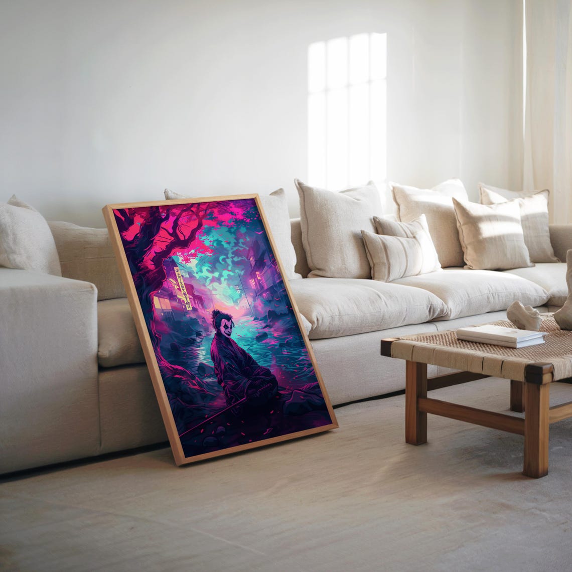 Neon Samurai Riverside Night Surreal Vaporwave Art Wall Print