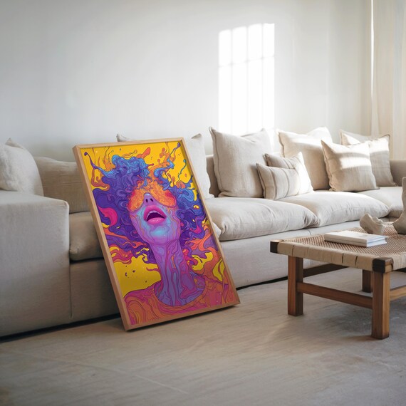 Psychedelic Woman Portrait Vibrant Neon Retro Pop Art Poster