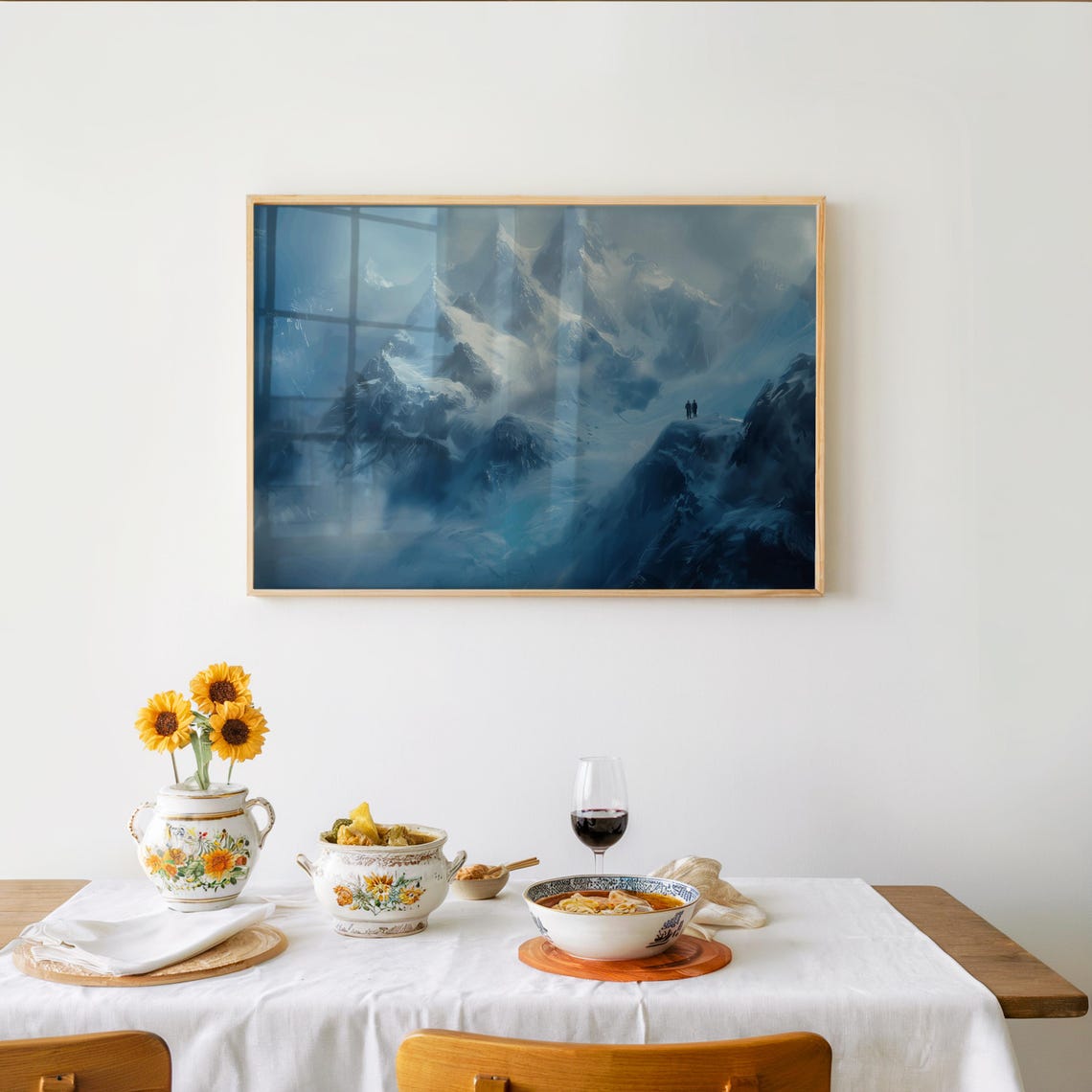 Misty Blue Snowy Mountain Peaks Dramatic Alpine Landscape Poster