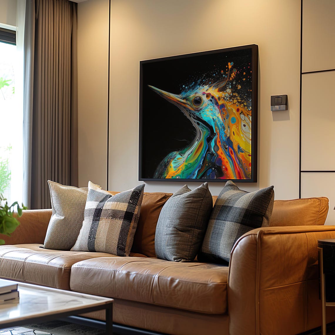 Colorful Neon Fluid Art Bird Portrait Abstract Black Art Poster
