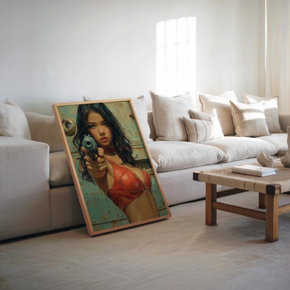 Cinematic Style Oil Painting Woman In Bikini With Gun Highly Detailed Art Warm Cool Tones Poster Wall D