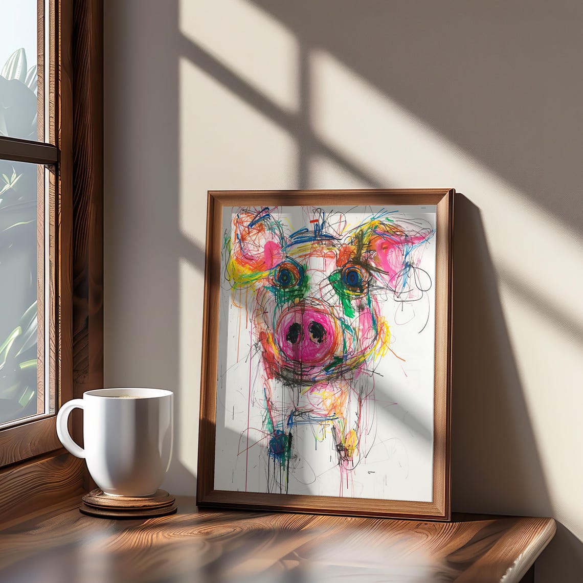 Colorful Neon Pig Expressionist Scribble Art Poster For Fun Wall Decor