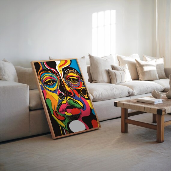 Psychedelic Woman Face Neon Bright Colors Black Background Art Poster