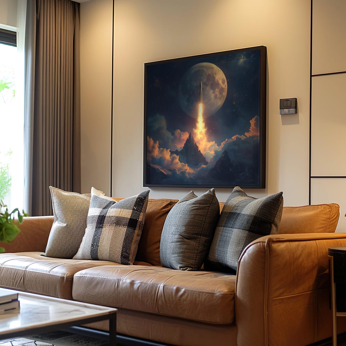 Space Shuttle Launch Retro Futurism Art Moon Sky Illustration Brutalist Pastel Scifi Poster Cosmic Artwork