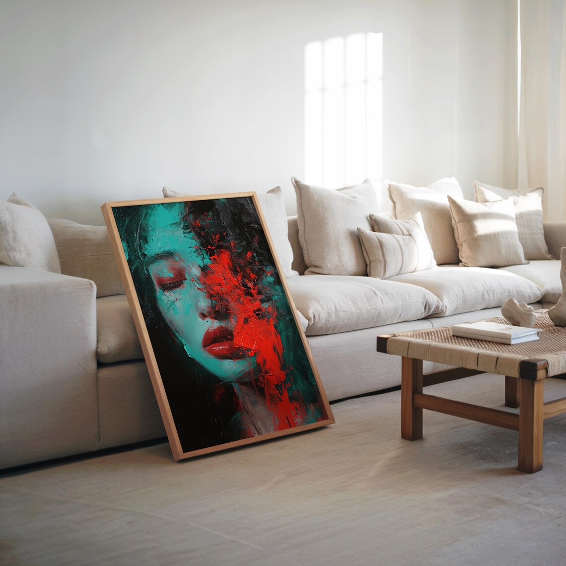 Abstract Woman Face Painting Teal and Red Expressionist Poster