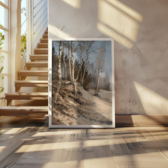 Birch Trees on Sandy Slope Winter Landscape Painting Art Poster