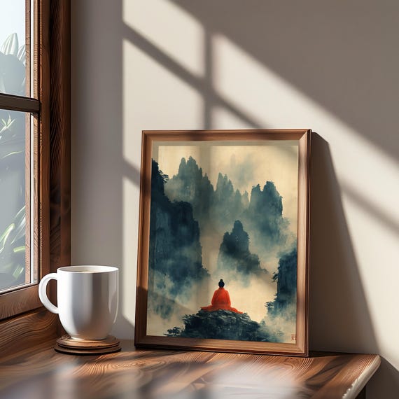 Red Robe Mountain Man Minimalist Painting Wall Art Decor Modern Abstract Natureinspired Rustic Wilderness