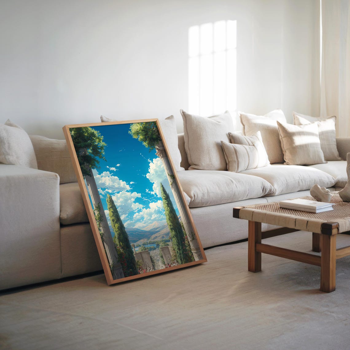 Dreamy Anime Style Cypress Lake View Through Stone Pillars Poster