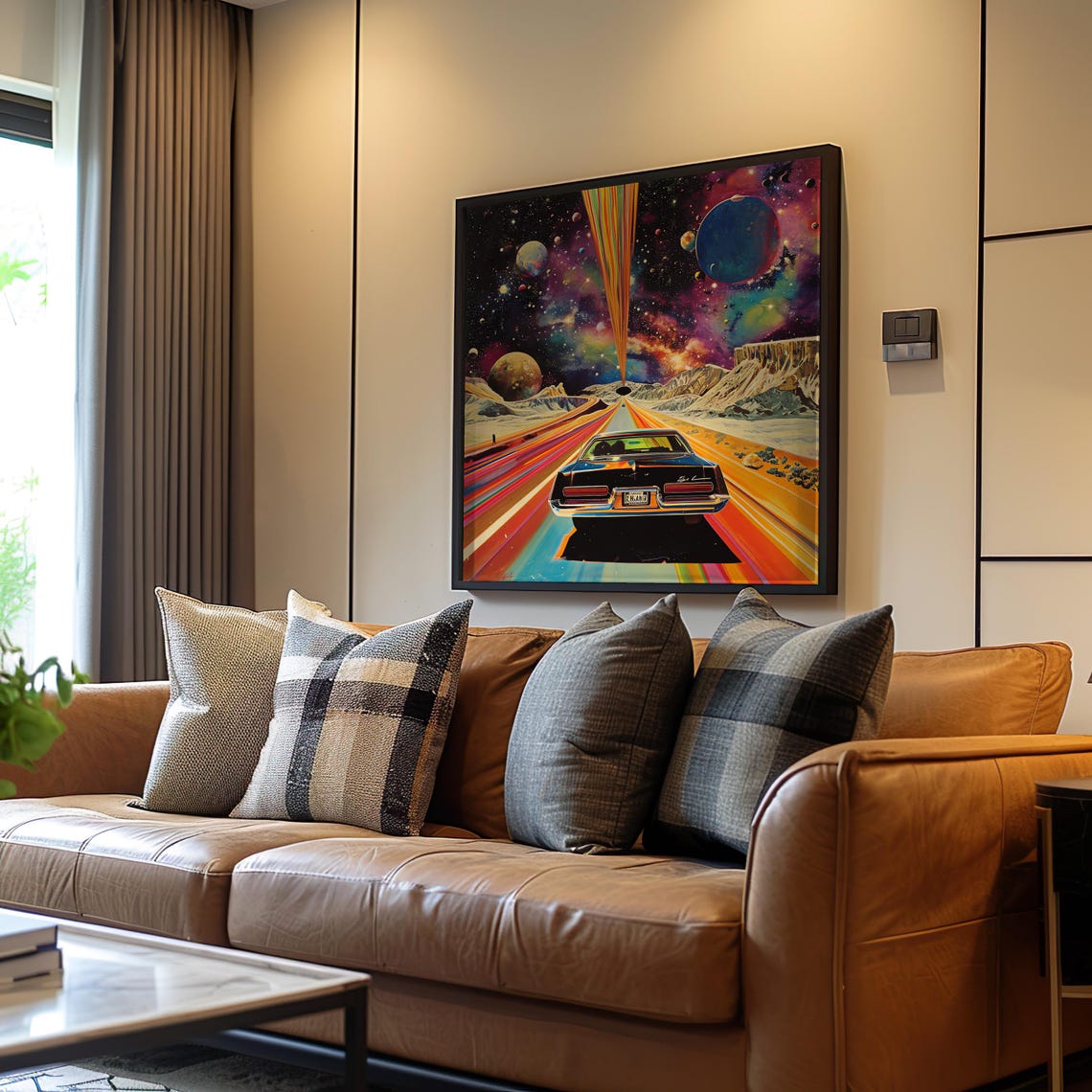 Classic Muscle Car Driving Into Space Psychedelic Road Art Poster