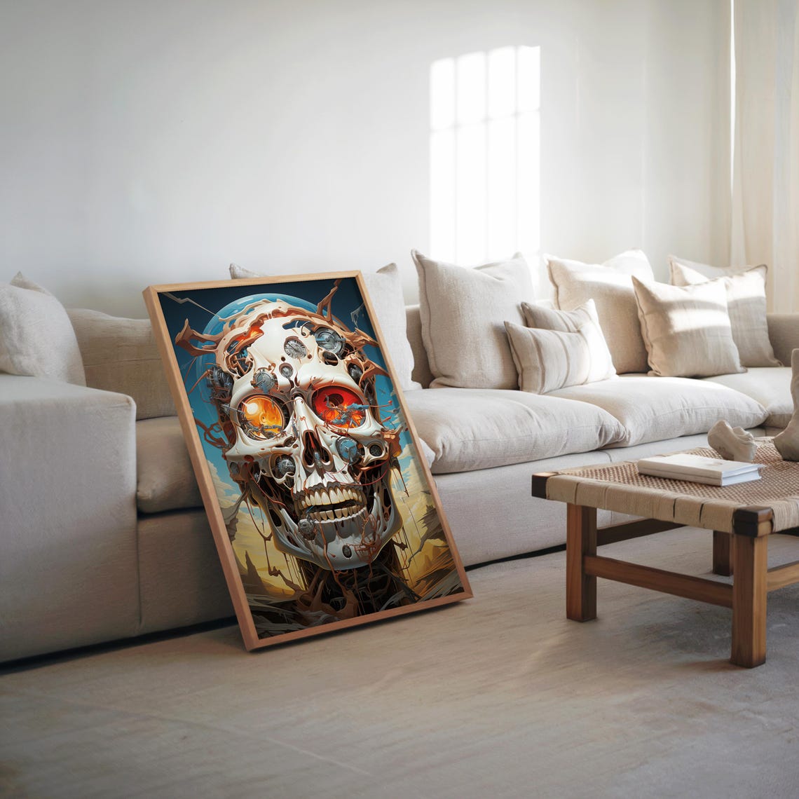 Mechanical Biomechanical Skull Red Eyes Surreal Desert Art Poster